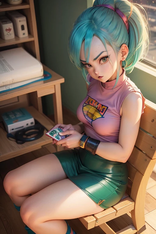 masterpiece, best quality, high resolution, dragon ball, blmpony, aqua hair, hair ribbon, braided ponytail, pink shirt, belt, scarf, pink skirt, clothes writing, brown gloves, medium breasts, in back pose, playing pool table, leaning on the pool table with her butt up, ultra mini pink dress, high showing her ass, show booty, Bulma sexy