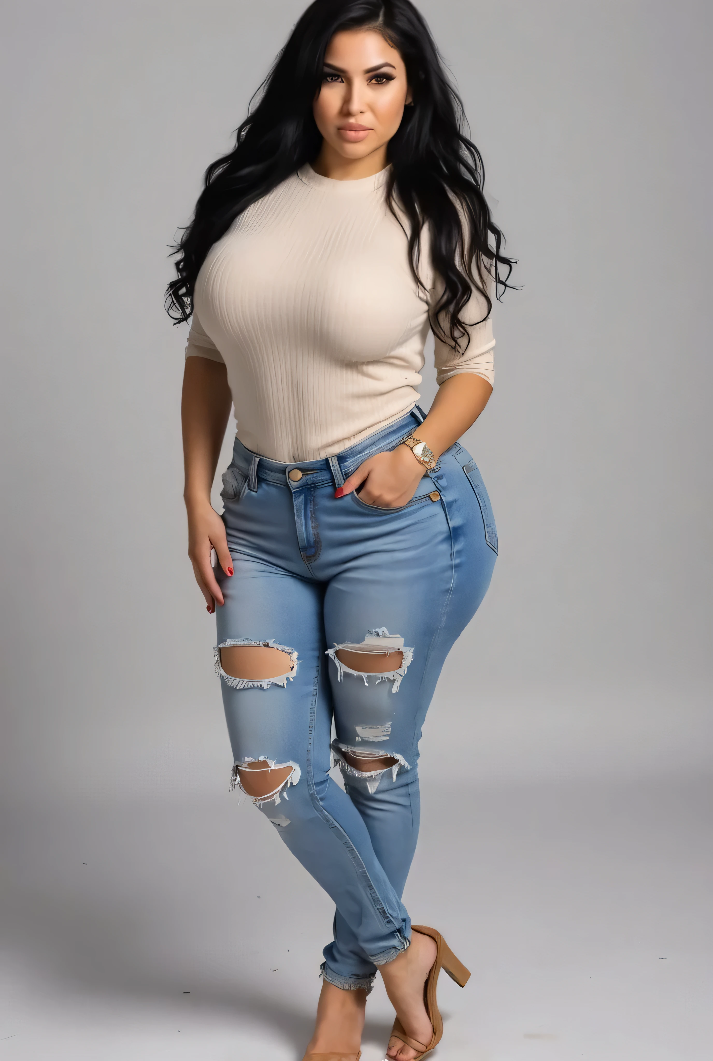 Create an modern Indian-nigerian-japanese oval face resemblence, a model who is 32 years old with little curvy figure, dark indian skin, indian hair style, front facing standing pose, not so wide hips, wearing skinny jean and tshirt, hyper realistic