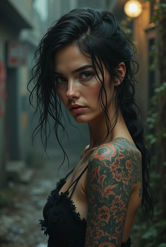 NSFW nude, gothic style, dark, mysterious, haunting, dramatic, sharp focus, professional lighting, 8k, hdr, DSLR, professional photo, film grain, high contrast, warm light 8k tattoos, (ornate:1.2), photo of a beautiful nude, no panties, girl, nude, (freckles:0.8), charming look, goth, tattoos, black makeup, (long twintails:1.3), (black lipstick:0.7),  full shot, top down view, full nude body photo, feet in frame, standing on a busy street corner working a a prostitute, looking at the viewer,
