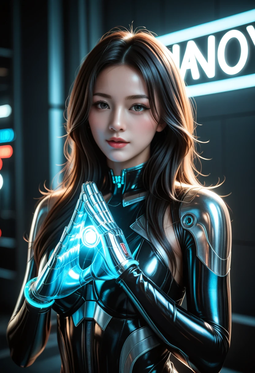 Ultra-Realistic Capture,18k,RAW Photos,Highest quality,masterpiece,reality,Very detailed,Very beautiful woman,Detailed face,Glowing Skin,rainbow,Automata,cyber punk,18-year-old ,Model body type,slim,Large number of LEDs,Clothes made of light particles,Rainbow Skin,Implanted electronic devices,Very detailedな電子機器,Many connecting lines,Very long hair,Large Breasts,Acrobatics,((Middle finger:1.5)),Black background,neon,Looking down,Angry expression,