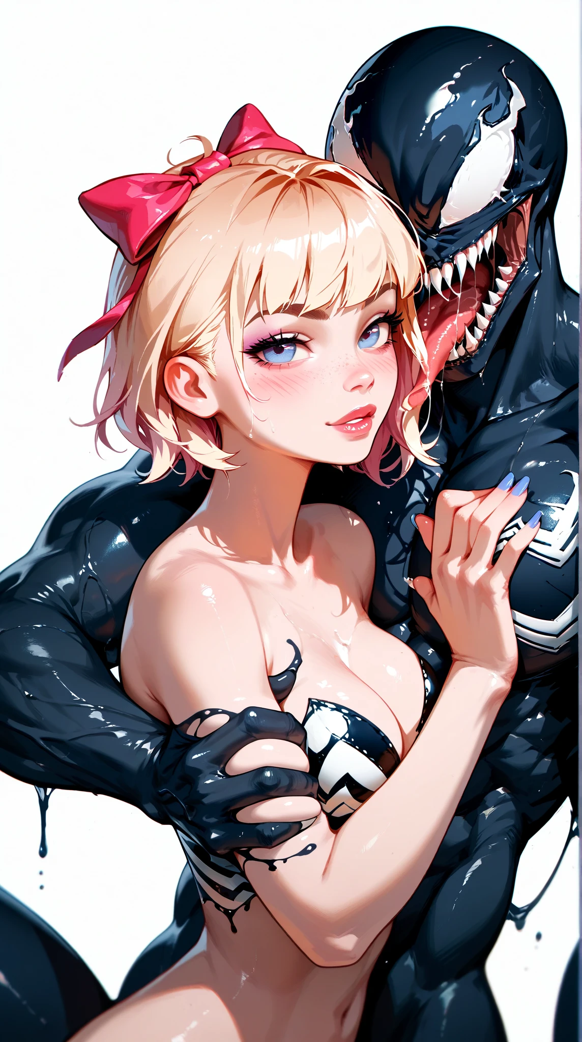 League of legends character riven in venom costume, White hair, yellow  eyes, black costume, black rabbit suit, venom costume, looking at the camera, ssmile, Holding the camera, corpo sexy, Hentai Face, hentai expression, eyes of the heart, hentai eyes, heart shaped iris of eyes, Ponytail hairstyle
