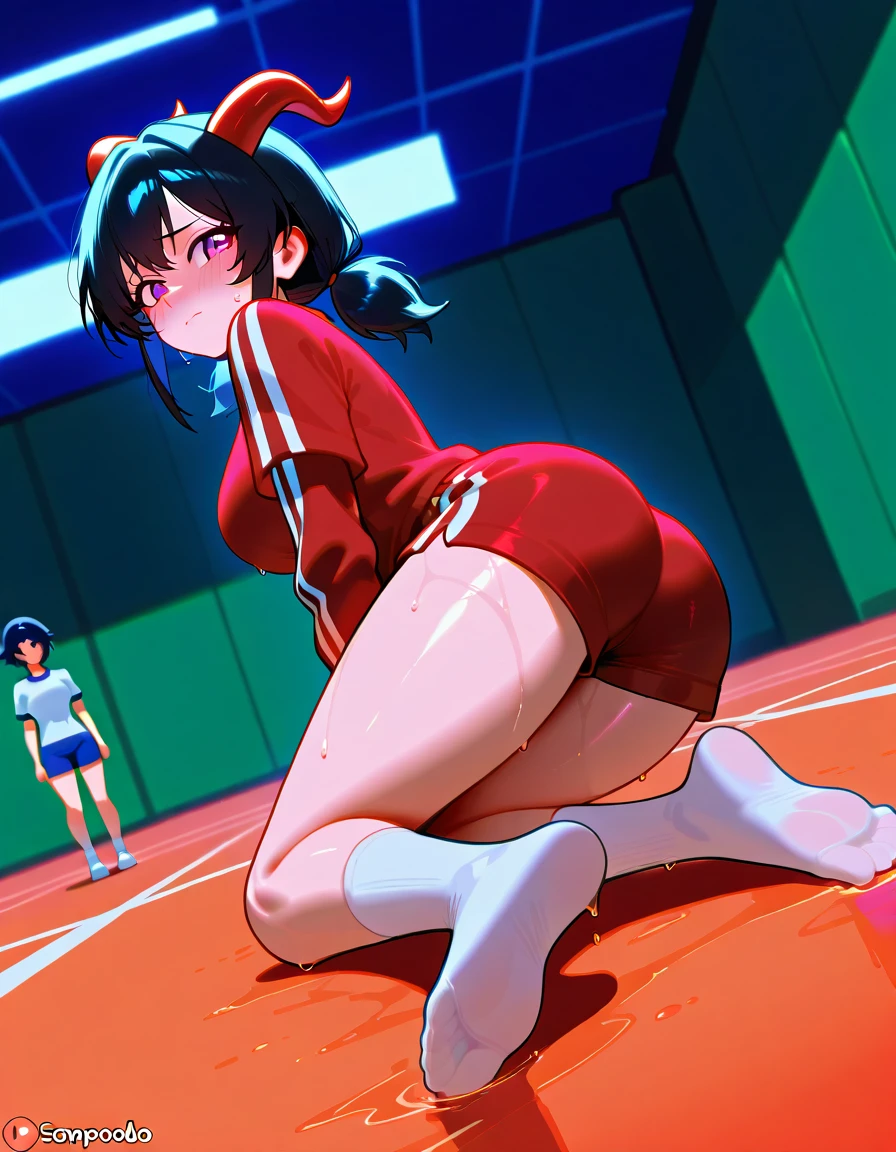 tennis girl's massive rear butt cheeks out of bottomless slutty mini sweater out bare and brown boots, kneeling, wearing oven mittens behind head, blindfold