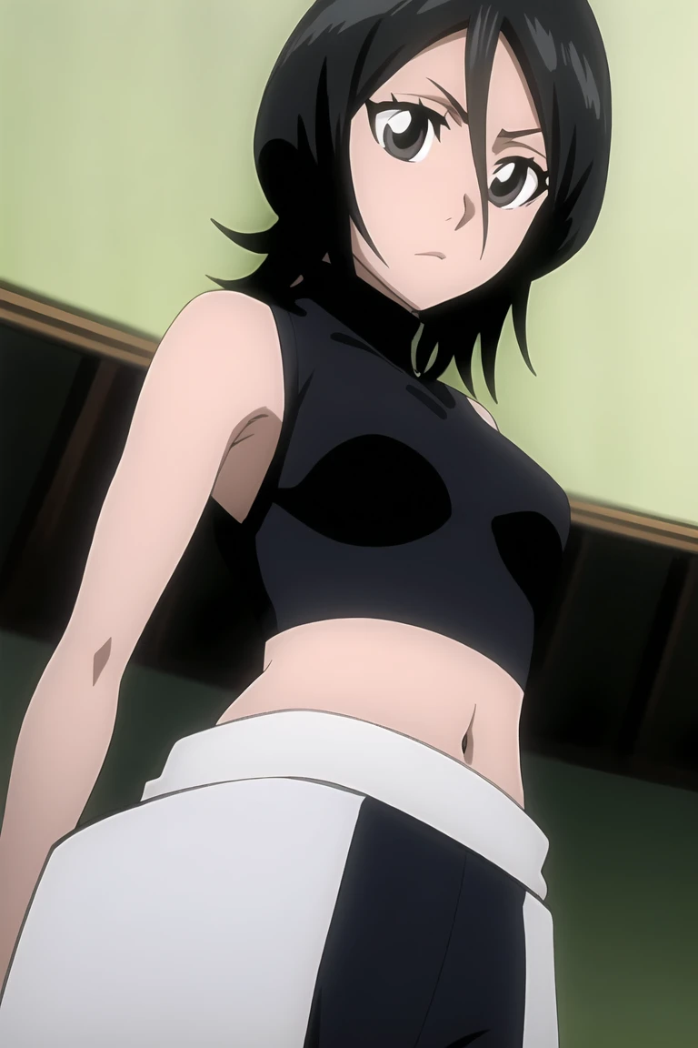 mikasa ackerman, (A darK-haired:1.3), hair between the eyes, looking at the camera, black bra, black pantyhouse, wearing no shirt, without pants, squat position