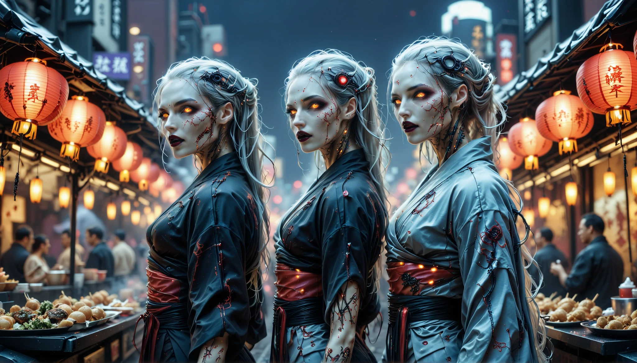 cybernetic corruption, seductive cybernatic vampire, Night Market Rooftop: Multi‑character—vampires sampling street‑food under paper lanterns. One has long silver hair, another has rainbow cybernetic implants. All wear sleek urban kimonos with neon trim.