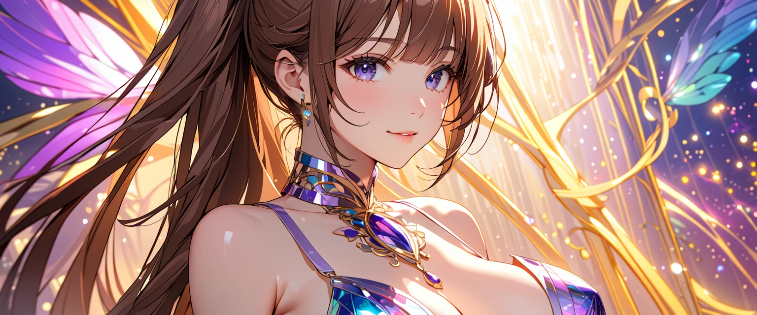 young girl, long brown hair, heterohromia (left eye purple, right eye yellow), inner sideboob, open belly, smile, purple top, masterpiece, high quality,