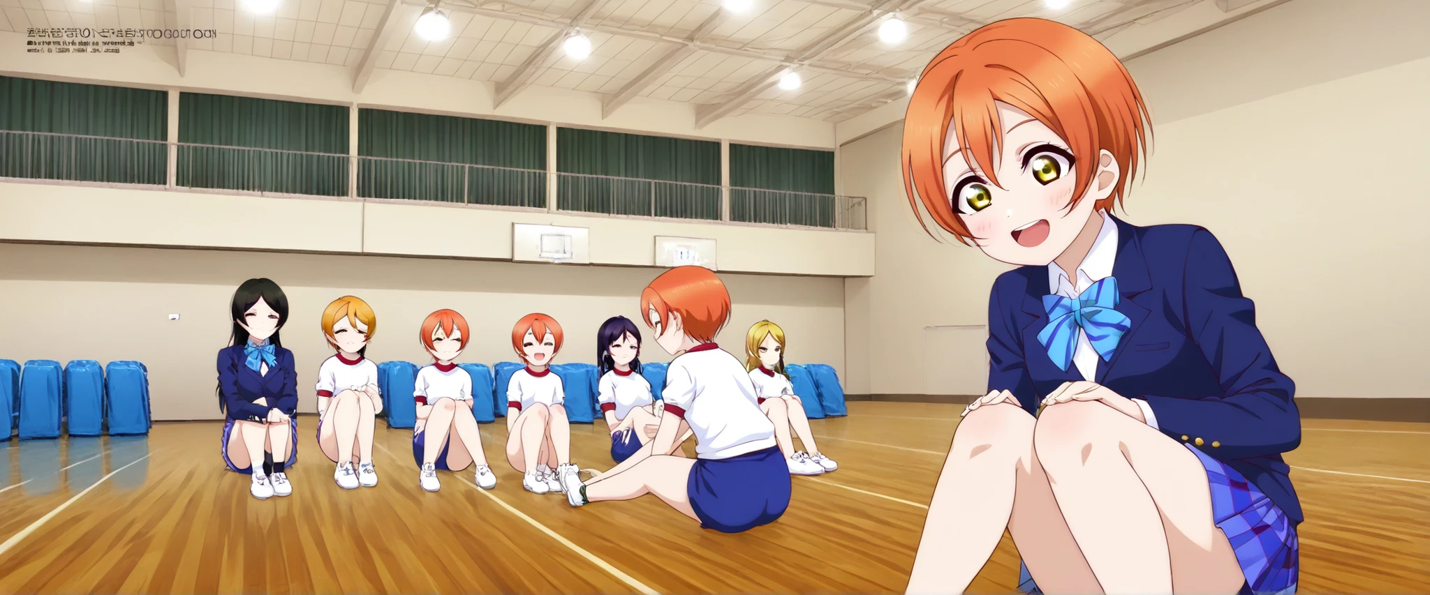 1girl,unwellness hoshizora rin, striped, short hair, blush, otonokizaka school uniform, open mouth, smile, lovelive_rin black blazer, blue plaid skirt, blue stripe bowtie, orange hair, very short hair, hair between eyes, yellow green eyes,sitting on the floor grasping one's knees (as in a gym class),score_9, score_8_up, score_7_up, rating_safe, masterpiece, best quality, absurdres, unity 8k wallpaper, official art, official style, source_anime, uncensored, game cg, megami magazine,taiikukan, indoors, sportswear, multiple girls, indoors, photo background, shorts, 6+girls, ceiling light, ceiling, stage, wooden floor, gym uniform, sportswear,Gymn4s3,