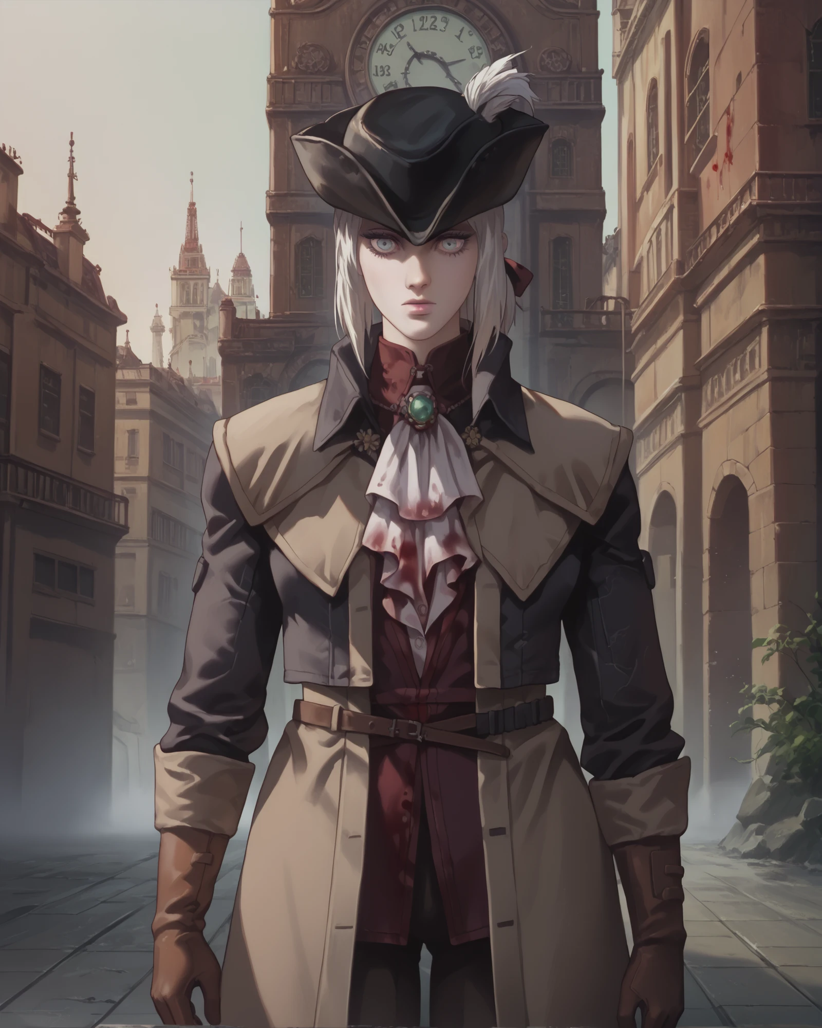 source_anime, (masterpiece), score_9, score_8_up, score_7_up, score_6_up, retrostyle,cyberpunk, ghostshell, LadyMaria, white hair, medium hair, ponytail, hair ribbon, looking at viewer, pale skin, colored skin, white skin, outfit_1, tricorne, hat feather, long coat, waistcoat, ascot, blood on clothes, brooch, gem, brown gloves, belt, brown pants, knee boots, cloak, outside a clock tower