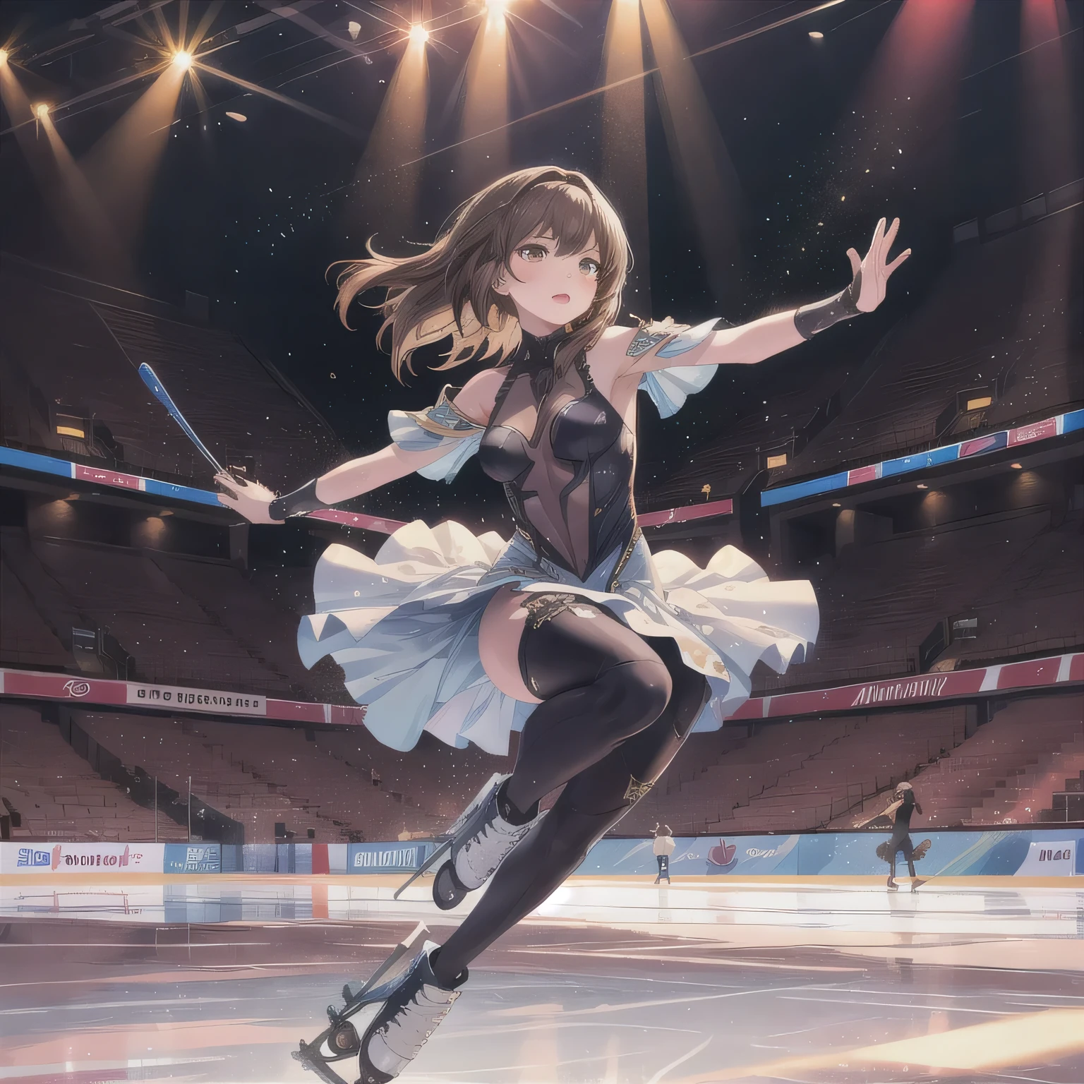 (Top resolution),1womanl,Anime,Black mini skirt,figure skating,Black stockings,Dancing on stage,icy