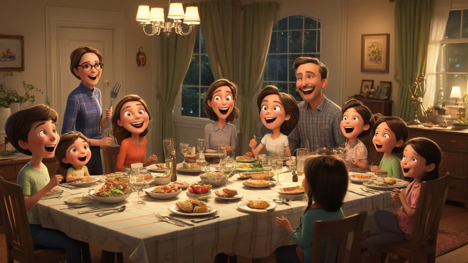 Estilo Pixar: Familia, one dad brunette wth beard, A mother and two girls. Uma menina de 6 anos e outro de 3 anos . Uma fazenda com vacas lindas e marrom .