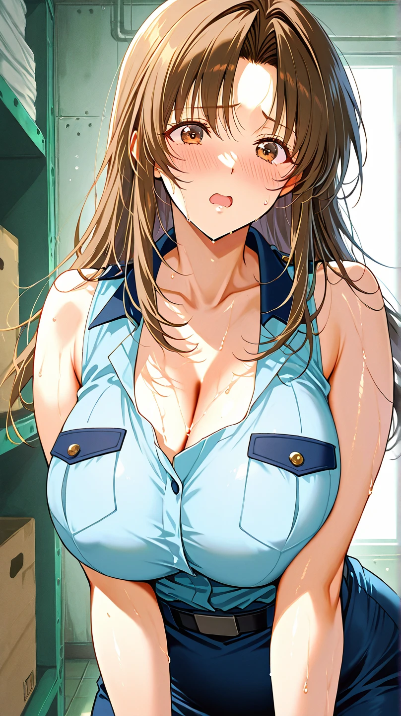 Brown Hair, Yellow eyes 1girl, 独奏、 short ponytail, brown hair, blush, lipstick, crazy eyes , masterpiece, best quality, ((unbuttoned , cleavage, necklace, earrings, sexy body, breasts)) , micro skirt, smiling, navel , exposed belly, exposed navel, school, knot, classroom , holding a gun, hold a gun, navel,(nsfw) not safe for work