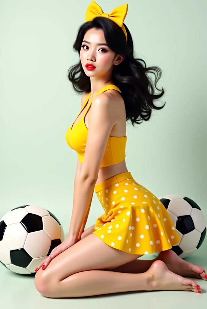 Asian girl holding dressed as a football referee with polka dots in pinup style