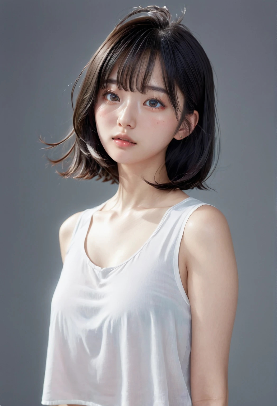 masterpiece、Highest quality、Ultra-fine、32k、Viewer、Look straight ahead、ホワイトレザーRiders jacket、Riders jacket、Outward facing short hair、Light Brown Hair、46 point diagonal bangs、Highest quality、(Real:1.4)、Ultra-high resolution、 (thin and beautiful eyes:1.6)、Symmetrical、High definition face、Perfect lighting、(Perfect Anatomy)、(White background:1)、Hot Genic、Best image quality、Characteristics of short hair、high quality、Visual Arts、