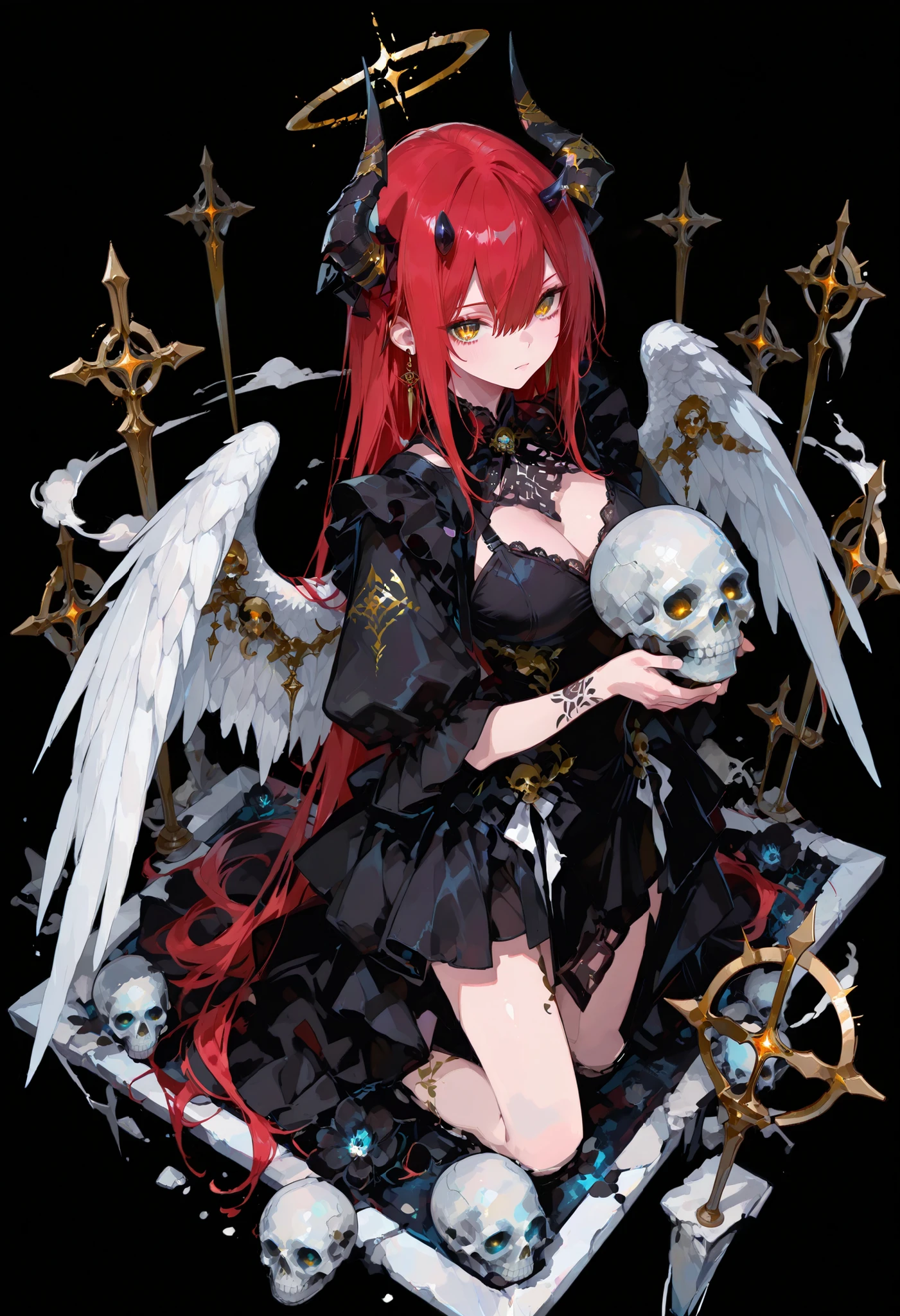 ((from above:1.2)),Flat color, limited palette, Line Clair,,,Concept art, standing on a diamond-shaped base.,Anime character with wings surrounded by skulls and horns, 1 girl , golden eyes , very long hair , long sidelocks, red hair, petite , very cute , beautiful ,Straight hair, cool, handsome, hair between eyes, sexy, female, medium large breasts, very cute, kawaii, with angel wings kneeling in front of the skull, one girl, solo, dress, long hair, hair accessory, looking at the viewer, jewelry, wings, black dress, virtual youtuber, horns, earrings, holding, tattoo, , score_9, score_8_up, score_7_up, source_anime,  ,748cmstyle,Full body, Official art, Gacha Splash, Transparent background, Mini background, Masterpiece, Highres, Absurdes
