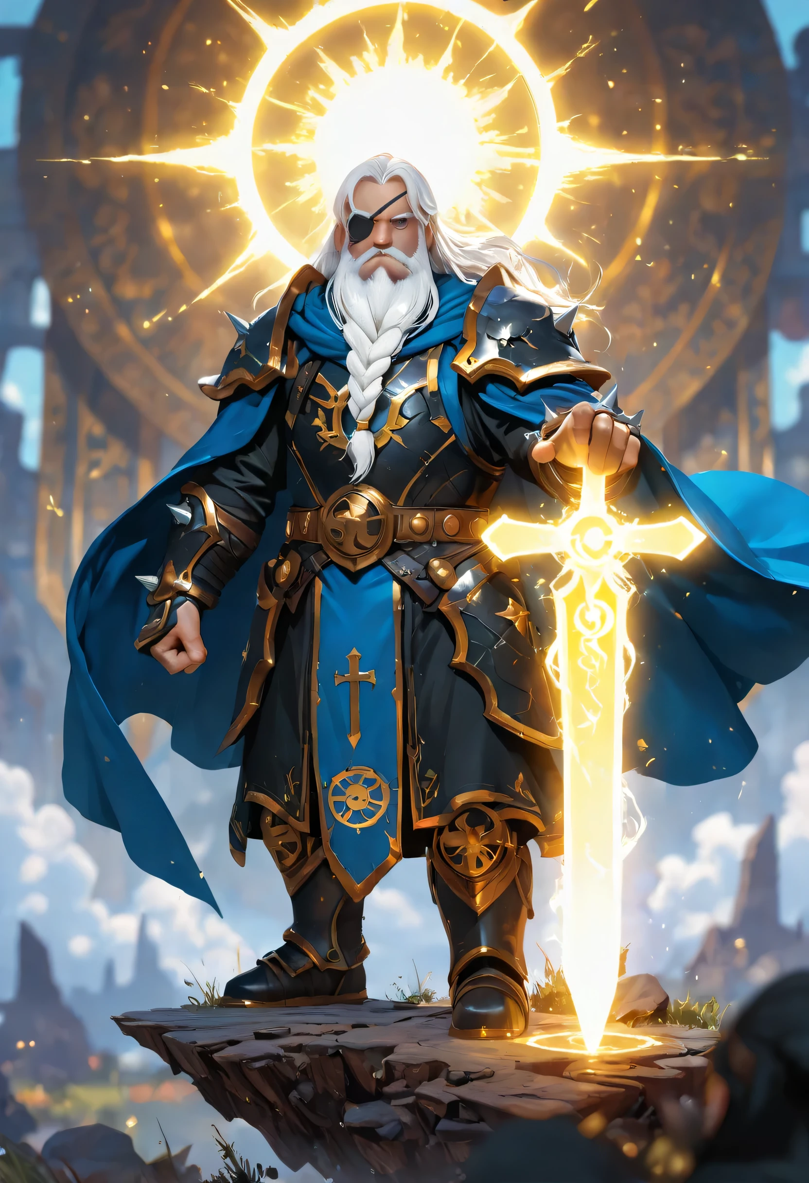 male, dwarf, cleric, paladin, casting a spell ,wearing heavy black armor with spikes , wearing an eye patch, blue cloak with sun symbol, flowing holy symbol, long hair , white hair, long braided beard, (there is a red strands in the beard), frown, serious, high detail, Realism, Action painting, depth of field, god rays, wide shot, panorama, Ultra-Wide Angle, UHD, super detail, high quality, 16K, highres, glowing, ember