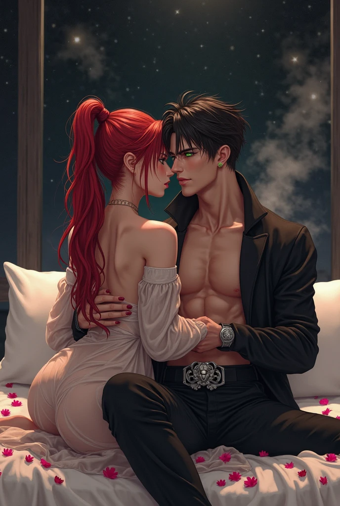 Woman with long red hair, blue eyes, red lipstick, hugging and kissing. Man with short red hair and blue eyes, shaved beard, wearing sunglasses. Posing in the bathroom scene, his face was so perfect. The details are clear. Up to 8K resolution, perfect details perfect face
