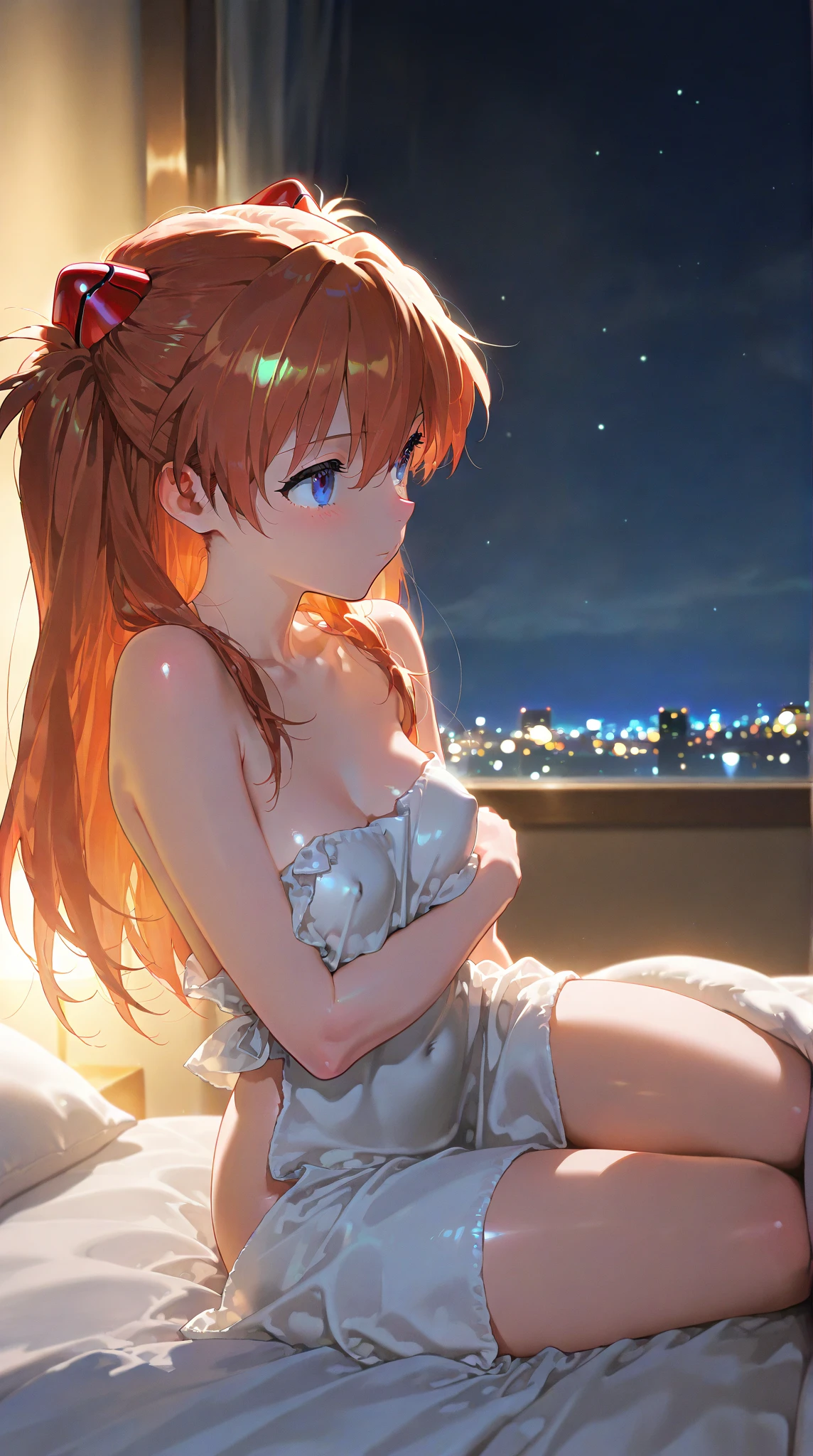 Realistic image, detailed image, coherent image. 1 beautiful elf. dressed in a transparent nightgown. She has long, curly orange hair, styled in a ponytail. Green eyes with long eyelashes. Sensual expression. She has rabbit ears and tail. She has a curvy body, medium breasts, thick thighs. She is sitting cross-legged. She is in a penthouse on a starry night. View from above. Arching her back. Soft focus, Dramatic shadows, Volumetric lighting, natural lighting. ISO:100, F1.4, --equals 2