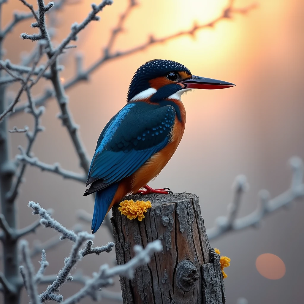 Kingfisher perching atop a snowy branch, close up, award winning nature photography, subject focus, background blur in winter season, insanely detailed, realistic, 4k, DSLR