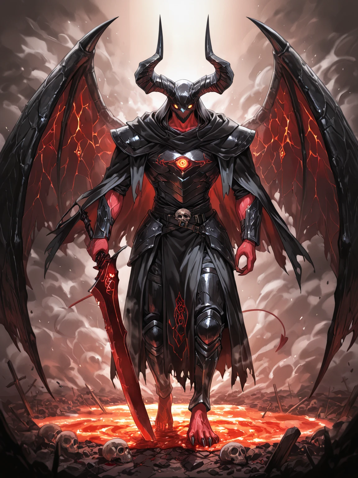 a goat-headed demon with large horns, strong and strong upper body, demon skins, skins, ((claws, wings)), demonic armor, blood splatters, skulls on the ground, standing in a blood ritual, medieval, dark room, dim light, masterpiece, realistic, oil painting