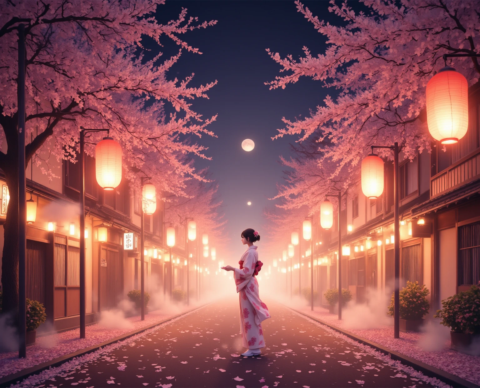 a soft and melancholic anime-style scene of a deserted festival street at night, cherry blossom petals scattered across the ground, glowing red lanterns slowly flickering out, a lone female figure in a flowing kimono holding a shamisen, standing still as the last echoes of taiko drums fade, mist creeping along the street, a single ghostly paper lantern drifting into the sky, soft moonlight and fading festival lights casting long shadows, surreal dreamlike atmosphere, Makoto Shinkai inspired lighting, emotional and quiet mood, shallow depth of field, soft bokeh, gentle film grain
