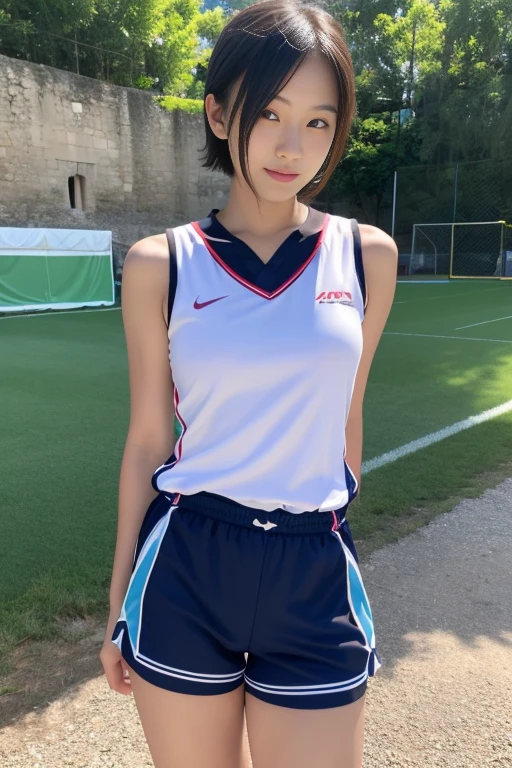 Cute Japanese idol in Adidas tracksuit, 16 years old, on athletics track, (sweating profusely:1.3), (windblown short hair:1.2), large breasts, happy expression, open mouth, fullbody, BREAK, masterpiece, (best quality:1.2), ultra highres, (photorealistic:1.4), (extremely perfect anatomy body parts), realism, natural light, depth of fields, Detailed Background, perfect composition,highly detailed, detailed face, extremely detailed, ultra-detailed, 8K wallpaper, extremely awesome detailed, dynamic lighting, deep shadows, photorealistic, realistic face, well-groomed face, japanese cute idol, cute & sexy, prostitute_expression, adorable, (pretty idol), (small mouth), small head, ((chiseled face)), no makeup, natural skin, pores, (absurdly cute)