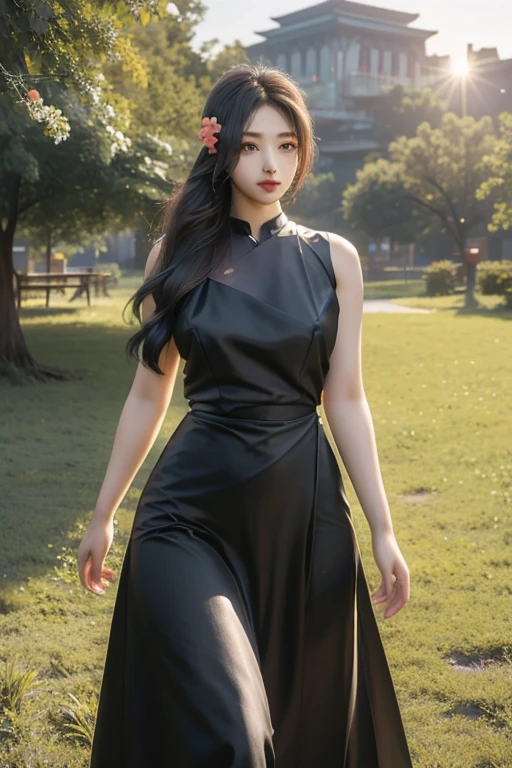 (((Top image quality、8K、​masterpiece、top-quality、1人の女性)))、((Beautie、Beautuful Women、kawaii、The face is orderly、Double eyelids、The whole body is shown))、(ighly detailed:1,3)、、cute little、Anime Cosplay、((I'm cosplaying))、The whole body is shown、Like a shot with an SLR、animesque、the pose、((Turning around))、facing back、A smile、Spy Family、Yolfaujer、qipao dress、Pure black color、qipao dress、chinese clothes、Breasts are big