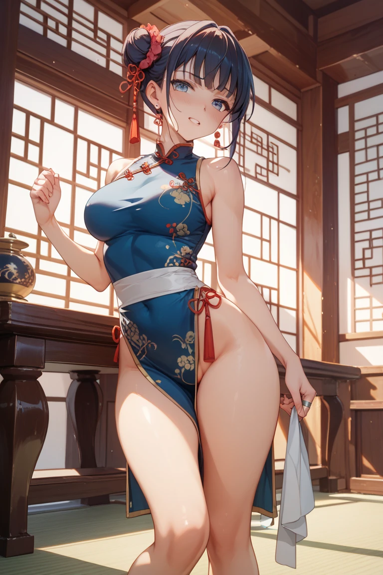 (Highest quality、Masterpiece、Very detailed、8k)、One Woman、((Sideboob))、Beautiful armpits、Are standing、China dress、Thighs、Super smile、Sideboob