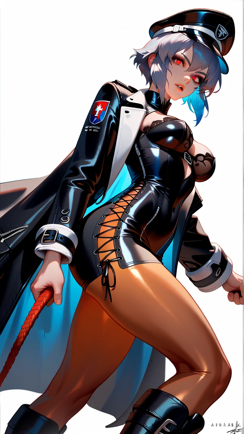 ultra-detailed, Explicit, Beautiful body, Beautiful Nose, Beautiful character design, perfect eyes, perfect face, ultra highres, 4K, beautiful legs, perfect legs, Nice hands, Perfect hand, Masterpiece, Best Quality, Highly detailed, illustration, absurdres, perfect anatomy, street fighter, doll suit, shadaloo doll, dollsuit, expressionless, blank eyes, looking at viewer, red gloves, emotionless, black latex, corrution, mind control, female combatant, full body, hypnotized, unhappy trance, full body suit, ribbed bodysuit, both arms at side, obey, perfect female body, extremely glossy latex, hypnosis, hypnoLora, empty eyes, Mind control device, poses, submissive_pose, Slave, standing straight, standing, standing at attention, hat, necktie, belt, latex, ribbed bodysuit, thighhighs, garter belt, Fighting Stance, extending the right arm from the shoulder into the air with a straightened hand, military, thigh boots, hair ornaments, black hair, short hair, green eyes, (((pixel-perfect, detail-perfect))), solo, 1girl, Kohinata Miku ShenShoujing, Senki Zesshou Symphogear, bangs, ribbon, hair_bow, hair_ribbon, view from back, looking from back, ass