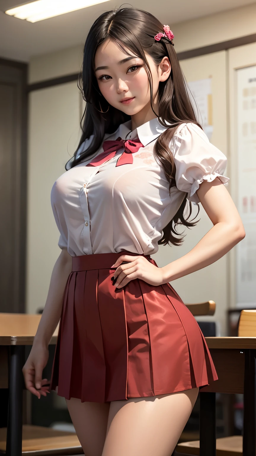 Young girl with big breasts Wear a white shirt. There is a name tag on the left chest. Tie a bright red necktie Wear a bright red petal skirt. Wear a black leather belt with a silver buckle. Tie your hair into a ponytail and tie it with a white bow.