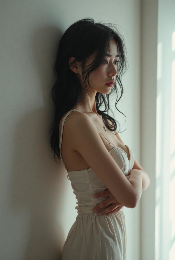 top-quality、masterpiece、超A high resolution、(Photorealsitic:1.5)、Raw foto、1girl in、Half Japan and half American、off shoulderurky、deep-shadows、cold light、Sexy appearance、Mysterious look、profile