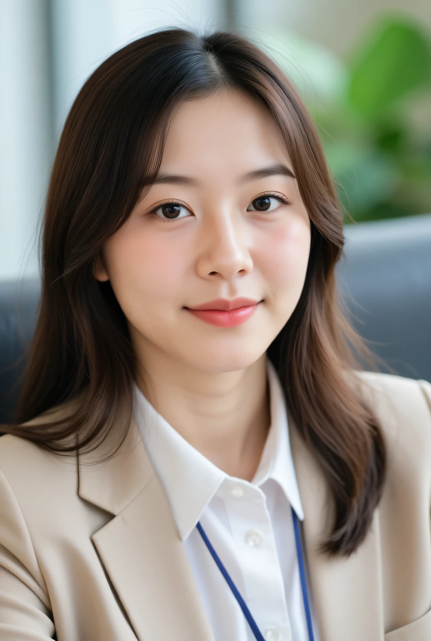 1 girl、officeカジュアル、almost front、 bright、natural smile、office、hair down、white blouse、Light makeup、24 years old、round face、masterpiece、Highest Quality、Hanging Your Employee ID Card Around Your Neck、beige jacket、Woman in a formal suit with a slightly reduced angle of view 、is sitting、realistic skin texture crossing traffic lights、natural skin tone、Slight skin unevenness、Is it slightly soba、Slightly rough skin、 Soft Shadows、Natural pores、Realistic lighting、Realistic Trimmed Eyebrows、Natural hair 、Natural Hair Color、slightly sunburned skin、natural background blur、The shine of the skin is suppressed with makeup