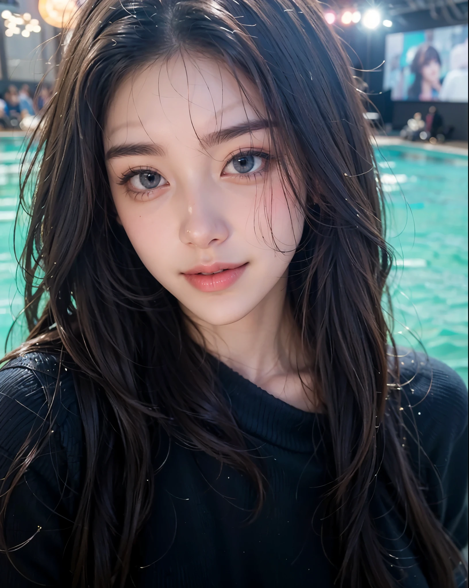 Highest Quality, masterpiece, Ultra High Definition ,8k, Ultra High Performance HD 8k Camera Shooting,((pink long hair 1.4)),High Style,sexy look,Movie Lighting,Detailed Skin Gloss,)),Fine Skin Texture, that seem to stick out of clothes,soft textured ,(realistic:1.6), ((blue eyes)),((radiant smile)), RAW Photo,1 person,Adult Female,((Looking up at the audience)),pretty face