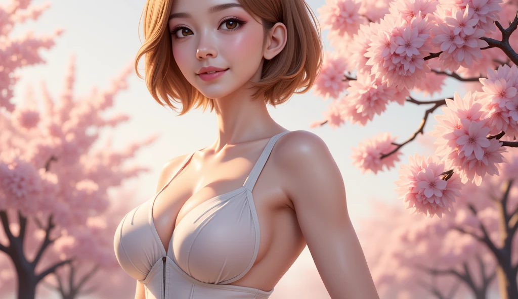 waist up, looking at viewer with a serene and goddess-like happiness, (againts pink leaves) tree, natural skin texture, 4k textures, soft cinematic light, intricate details, elegant, highly detailed, sharp focus, soothing tones, exposure blend, hdr, faded, hyperdetailed, backlighting, 85mm, close-up, best quality, (photorealistic:1.2), volumetric fog, analog style, (cinematic look), blonde, green eyes, bob hair, 1girl, glowing skin, blush, upturned eyes, cleavage