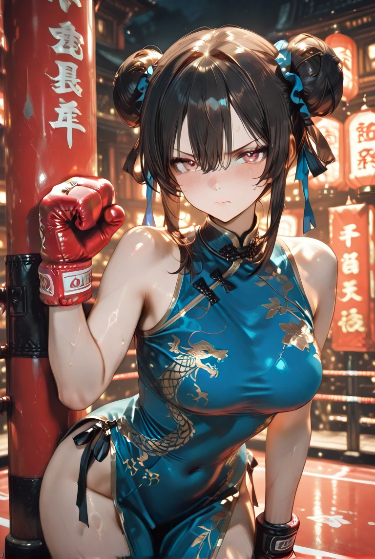 (masterpiece:1.5),(best quality:1.5),(8K:1.2),(ultra detailed:1.2),(realistic:1.2),(ultra high resolution:1.2),(highest detailed and realistic skin:1.3),(highest detailed and beautiful slant blue eyes:1.3),break,(on the fighting ring with spectator:1.5),(spectator:1.3),(spotlight:1.4),(smile with closed eyes:1.4),(closed eyes:1.6),(looking away:1.4),(open mouth:1.3),(arms up and hand waving:1.3),(slender body girl),break,(beautiful red slant eyeliner:1.2),(beautiful eyeshadow),break,natural lip,(short sleeve cyan china dress:1.3),break,(chinese double round bun black hair:1.4),break,(white kangfu pants:1.3),break,(black open finger gloves:1.2),medium big breasts,ring earring,break,(upper body:1.2)