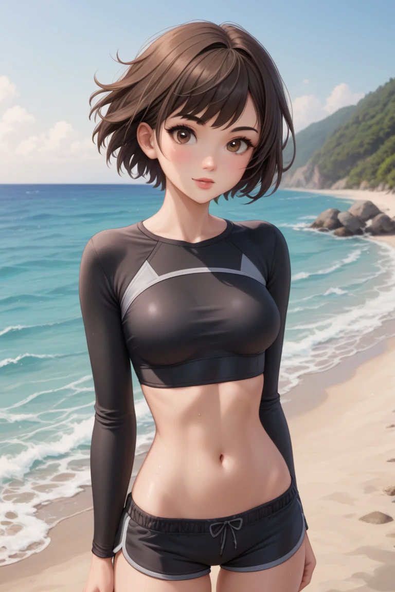 [2girl:1girl:0.3], 2 girls, solo, short medium black hair, pixie cut, tan, (muscular:0.9), (medium breasts:0.1), (medium breasts: 0.25), messy hair, lovestruck, full-face blush, choker, BREAK (sexy black oversized_hoodie:1.1) BREAK beach, dramatic lighting, absurds, best quality, clouds, golden hour, sunlight,