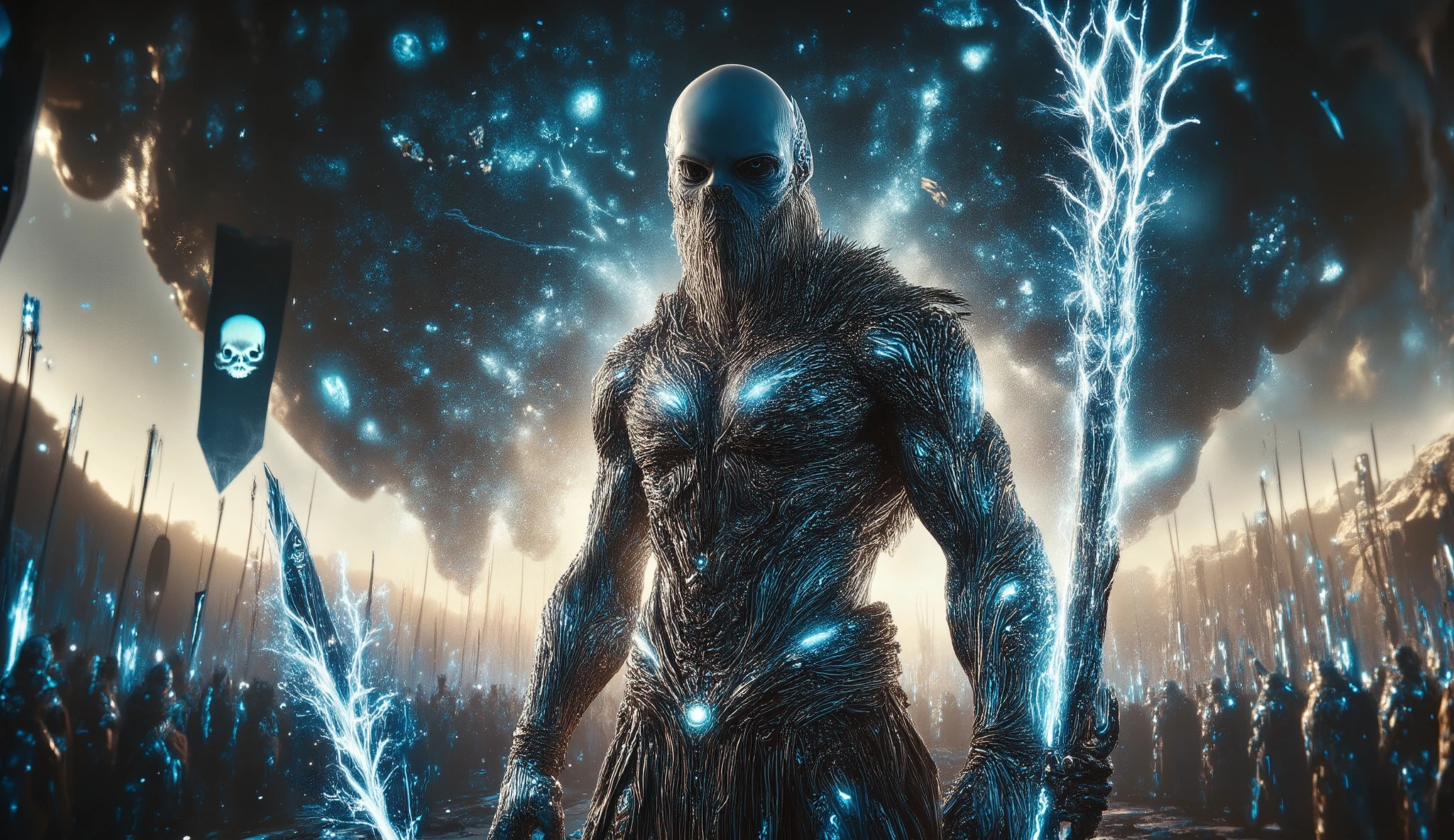 A powerful alien warrior leader in the style of a space-age Spartan, standing proudly in the foreground. His skin is blue, his body heavily muscled and bare-chested, wearing light metallic armor on shoulders and forearms. He holds a crackling thunder-spear in one hand, and sports an organic-looking beard and a sharp, ornate war helmet. Behind him, ranks of similar blue alien warriors stand ready, each with futuristic spears and energy shields. A black war banner flutters with a white skull symbol wearing a spartan-style helmet. In the sky above, a colossal battleship hovers — shaped like a spearhead, dark and metallic, with glowing blue thrusters and rows of weapon emplacements — a true war temple of the stars. Setting: battlefield at dusk, with sparks, dust and a sense of epic military honor. Style: ultra-realistic, heroic sci-fi, blue and silver tones with electric accents.