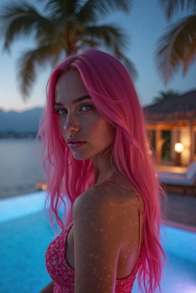 real, Camera to take picture masterpiece, best quality, best quality, realistically, perfect anatomy, perfect face, perfect eyes, long eyelashes,1 girl, solo,(long pink hair), wearing black swimsuit, Blue eyes, Exterior, Smile, at Maldives lakeside, night lights, long pink hair, wide angle shot,drone shot