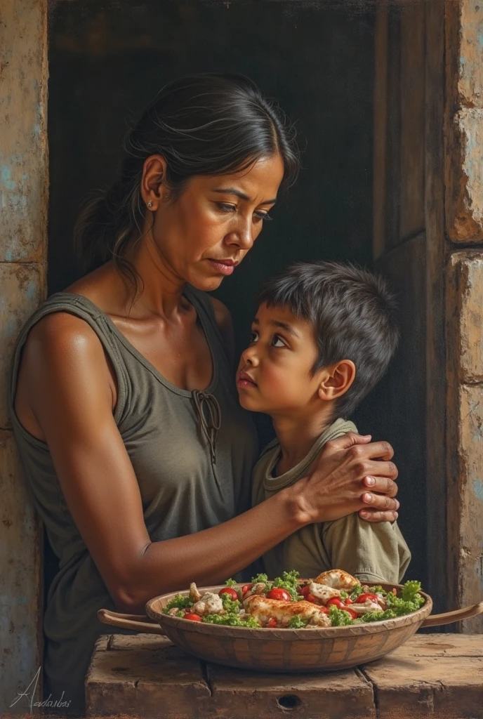 Poor mother and child struggling to eat food