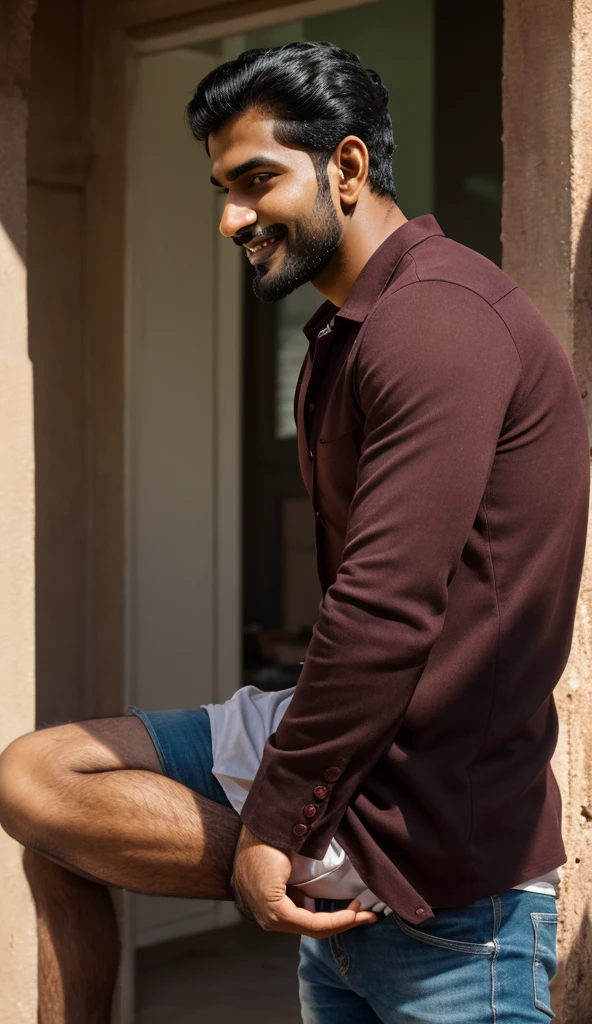 solo , 1 person sits on the floor, eyes closed, head raised. , Picture of a handsome indian student, short hair, light beard, big muscles, wearing a wet pink shirt, jeans, outdoors, countryside. (field:1.2), thailand ,(bokeh background:1.5)