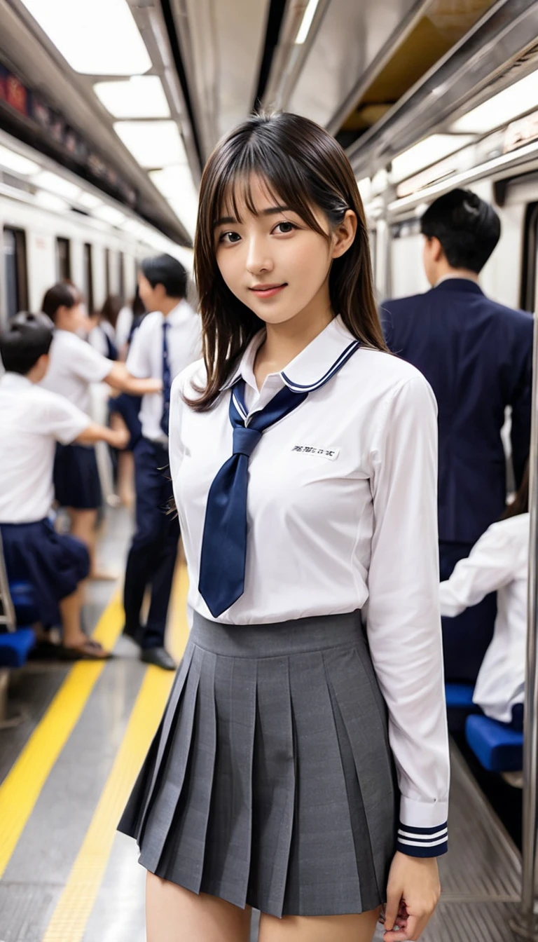 (2young girls), beautiful girl with beautiful details, Raw photo, (Best Quality:1.2), 8K, high details, hight resolution, With the highest quality, High-definition raw color photos, professional photograpy, (Fine face:1.2), (hi-school uniform with open chest:1.5), pleated skirt, Inside the train, (leaning on a train bench), (Open mouth), (legs spread), (panties:1.3), (((Bokeh))), depth of fields, view from below