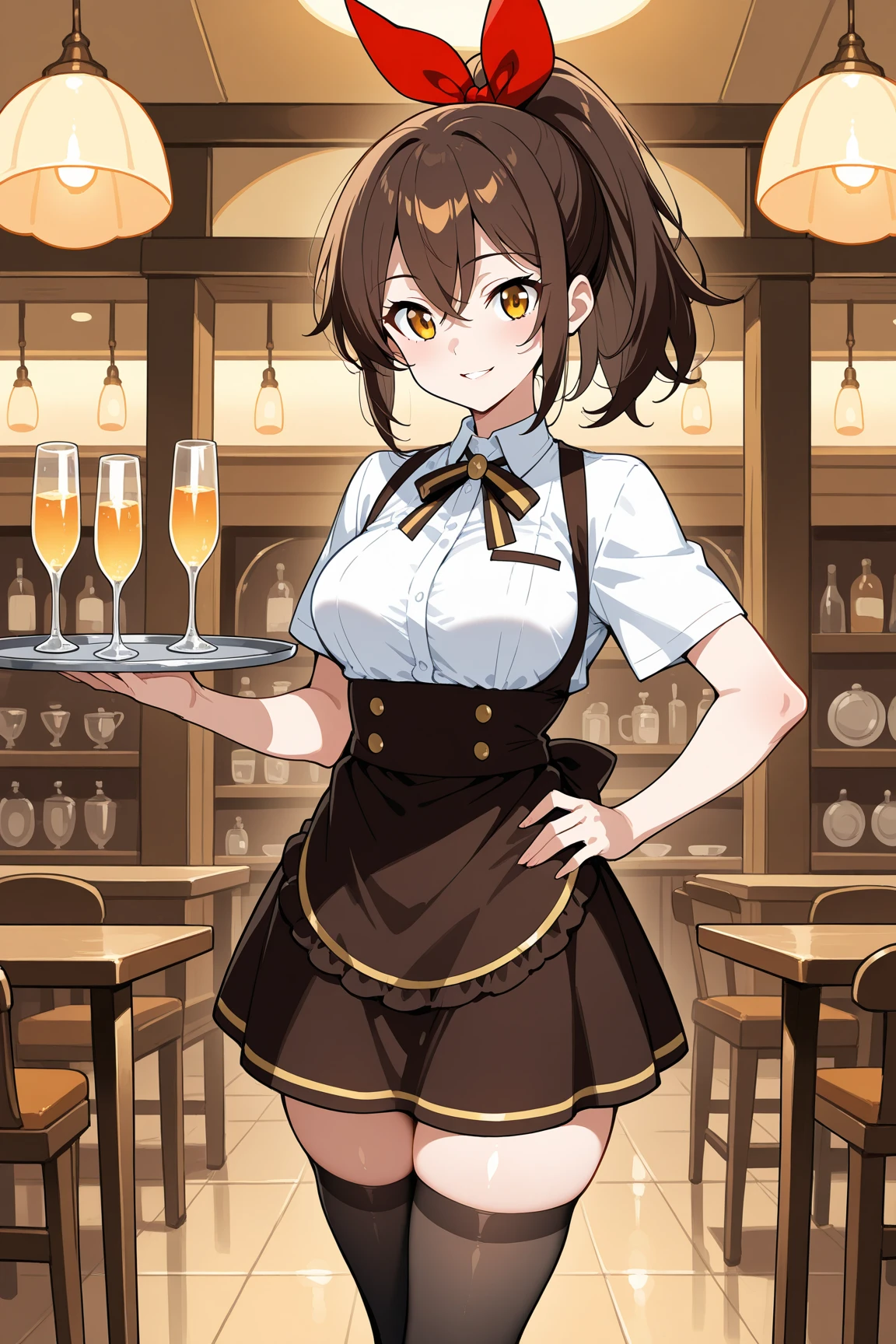 1girl, forehead, large breasts, skirt, brown skirt, bar, brown hair, short hair, smile, standing, mature female, layered skirt, sleeveless, long shirt, bowtie, bow, glass of water, cup, bare shoulders,