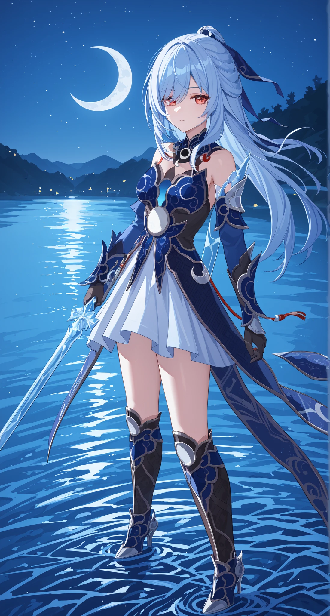 nsfw,Jingliu,glass cover,side shot,alternate color,masterpiece,detailed illustration,lifelike,{{{1Jingliu}}},shiny beautiful woman,cinematic lighting,dynamic angle,dynamic pose,depth of field,looking at viewer,1girl,jgsd,red eyes,blue armored dress,white skirt,tassels,hair ribbon,black gloves,blue sleeves,armored boots,light blue skirt,lake,night,midnight sky,crescent moon,holding an Ice Sword,expressionless,standing,contrapposto,arched back,open legs