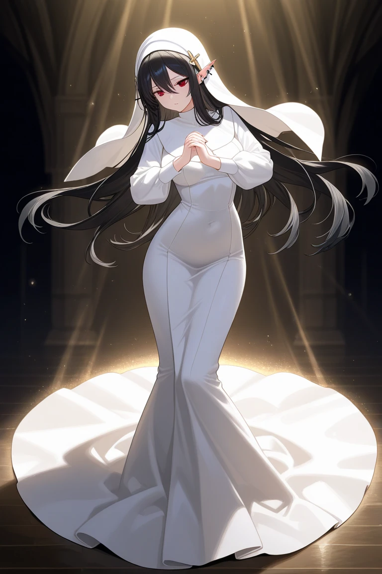 hasshaku-sama, tall female, pale skin, gigantic breasts, bursting breasts, sleeveless dress, (looming, perspective:1.3), buildings, from below, (gtscity:1.2), tall female, white dress, sleeveless dress, sun hat, white headwear, night sky, stars, looking at viewer, red eyes, <lora:Hasshakusama:0.6>, <lora:GTSv5:1>