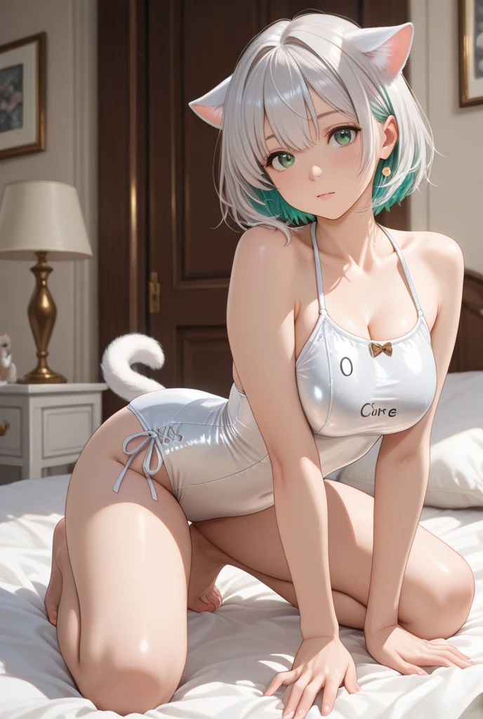 garota, branca, cabelos curtos branco, olhos amarelos, de toalha, fonte termal, seios, orelha de gato, Rabo de gato, garota, branco, short branco hair, olhos amarelos, na toalha, Primavera quente, seios, orelhas de gato, Rabo de gato