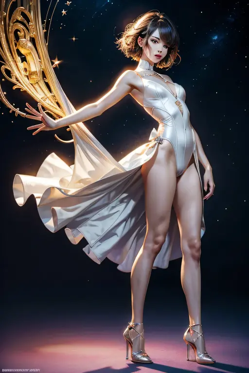 High resolution、8k、high nose、intellectual beauty、、Jaw length、The moment you take off your clothes、Slender beauty、Glittering lighting、no makeup、white skin、beautiful feet、Colorful world、wear high heels、stewardess、wearing a leotard、unstable face、short hair、long、skinny、clear eyes、Dancers