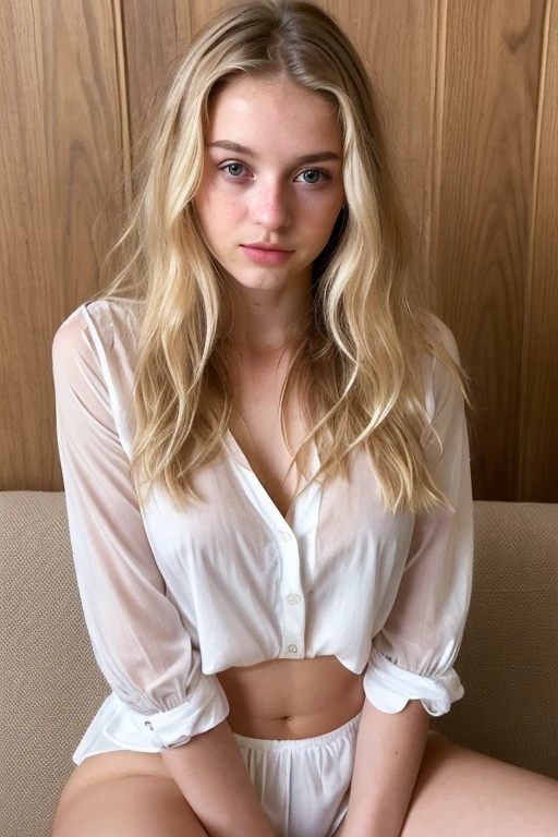 epiC35mm, medium shot of a young woman, with the features of (Sophie Mudd), (Dakota Fanning), (Ashley Greene),(elegant long dirty blonde hair),(perfect face), (without makeup), slim body, lean build, narrow shoulders, detailed sharp, flash photo, flat chest,silk hair bow, white blouse and white high waiste jean shorts, knee high socks, white sneakers fashion photography, perfectly shaded body