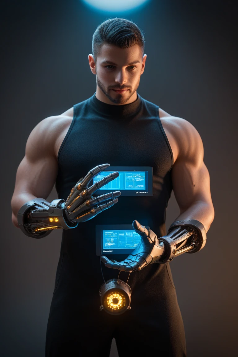 a photorealistic image of a muscular blonde handsome man from the future wearing transparent skintight turquoise and white space uniform including a decorative jockstrap, dynamic pose