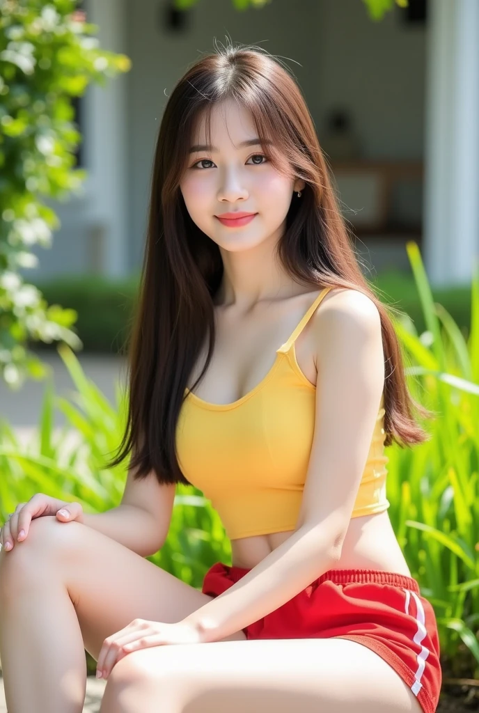 seed:381696201,((from above:1.2))、((Highest quality, 8K, masterpiece: 1.3)), concentrated: 1.2, Cute girl 1,Nipples erect、 Perfect beauty: 1.4,T-Shirts、Shorts、Randall Color:1.1, Highly detailed face and skin textures, Fine grain, double eyelid, whitening skin, ,Highest quality,Ultra-high resolution,you,1 girl,alone,_Shiny_skin,Iris,necklace,((brown_length_Wavy_hair)),(lips)),eyelash,Front hair,deal with,compensate,Shiny,pore,skin texture,Large Breasts、smiling face、living、