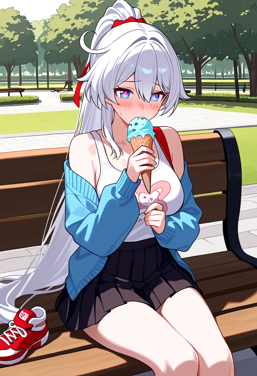 Anime girl sitting on a bench eating a blue toothbrush, artwork in the style of Gwaiz, Gwaiz, Enchanting anime girl, 4k anime wallpaper, Anime girl drinking energy drink, Cute Anime Girl, Realistic Anime 3D Style, Realistic anime art style, Attractive anime girl, anime wallpaper 4k, anime wallpaper 4k, Anime Style 4k
