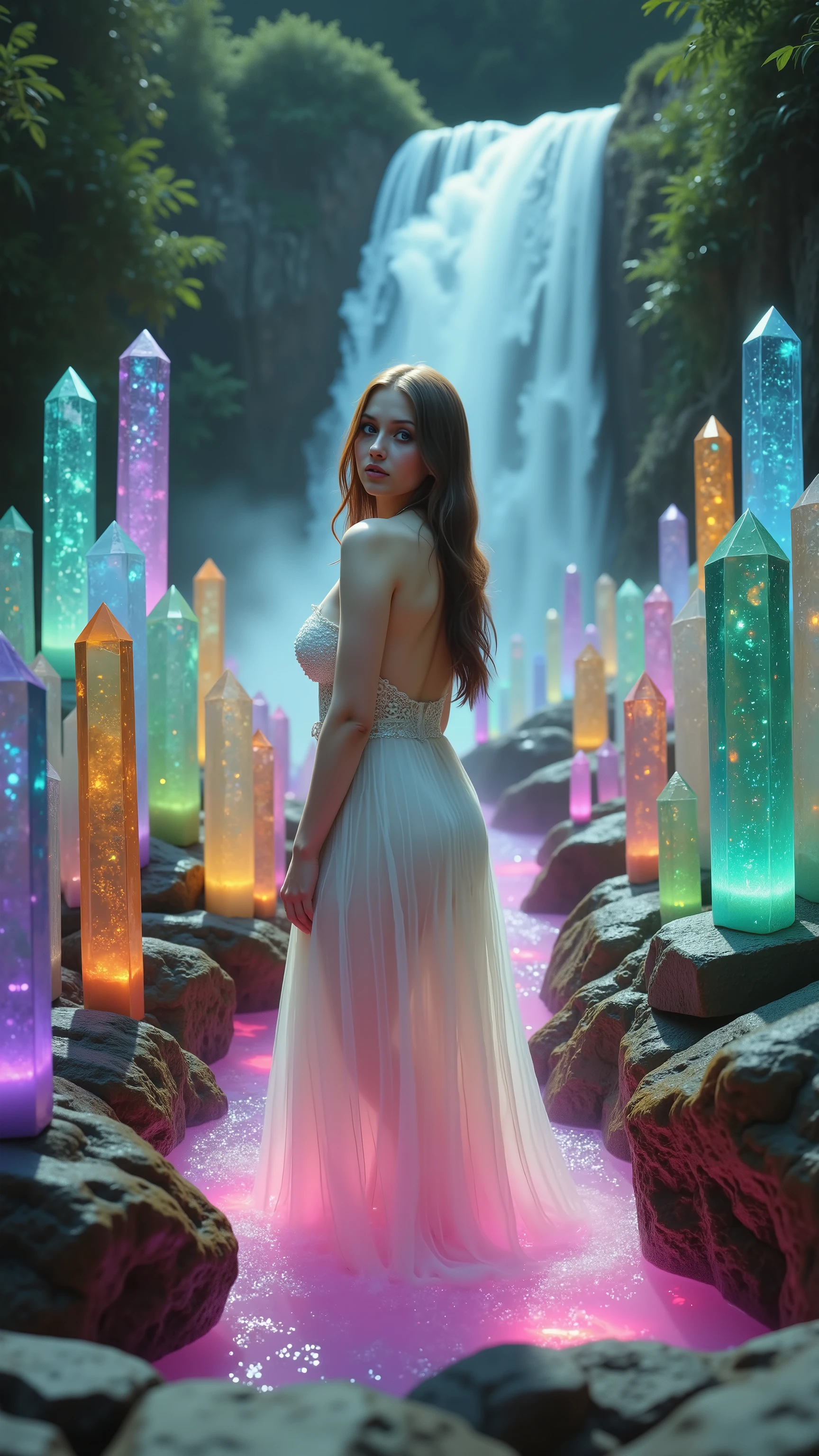 1girl, gorgeous European face, sparkling/glowing blue eyes, long eyelashes, long white dress, very large breasts, looking at viewer, small crucifix necklace. Hundreds of different colored quartz crystals 6 to 9 feet tall, Many hundreds of extremely large((taller than the girl))and thick crystal point formations, The translucent crystals are glowing a bright neon orange, electric blue, neon purple, neon pink, neon green, and neon yellow, color from inside of the quartz crystal points protruding from the edges of the stream, neon purple, bubbling stream water with extremely bright neon green bubbles and purple water glowing and fizzing at the edges. Lush jungle, Full sunlight, Breathtakingly beautiful, ultra-realistic, cinematic photography, cinematic portrait, cinematic lighting, portrait photography,photorealistic,ultra detailed,UHD,full focus,highest/best quality,award winning, spectacular,stunning, incredible,too cool for school, fantastic,Positive Energy,Constant Elevation, Masterpiece
