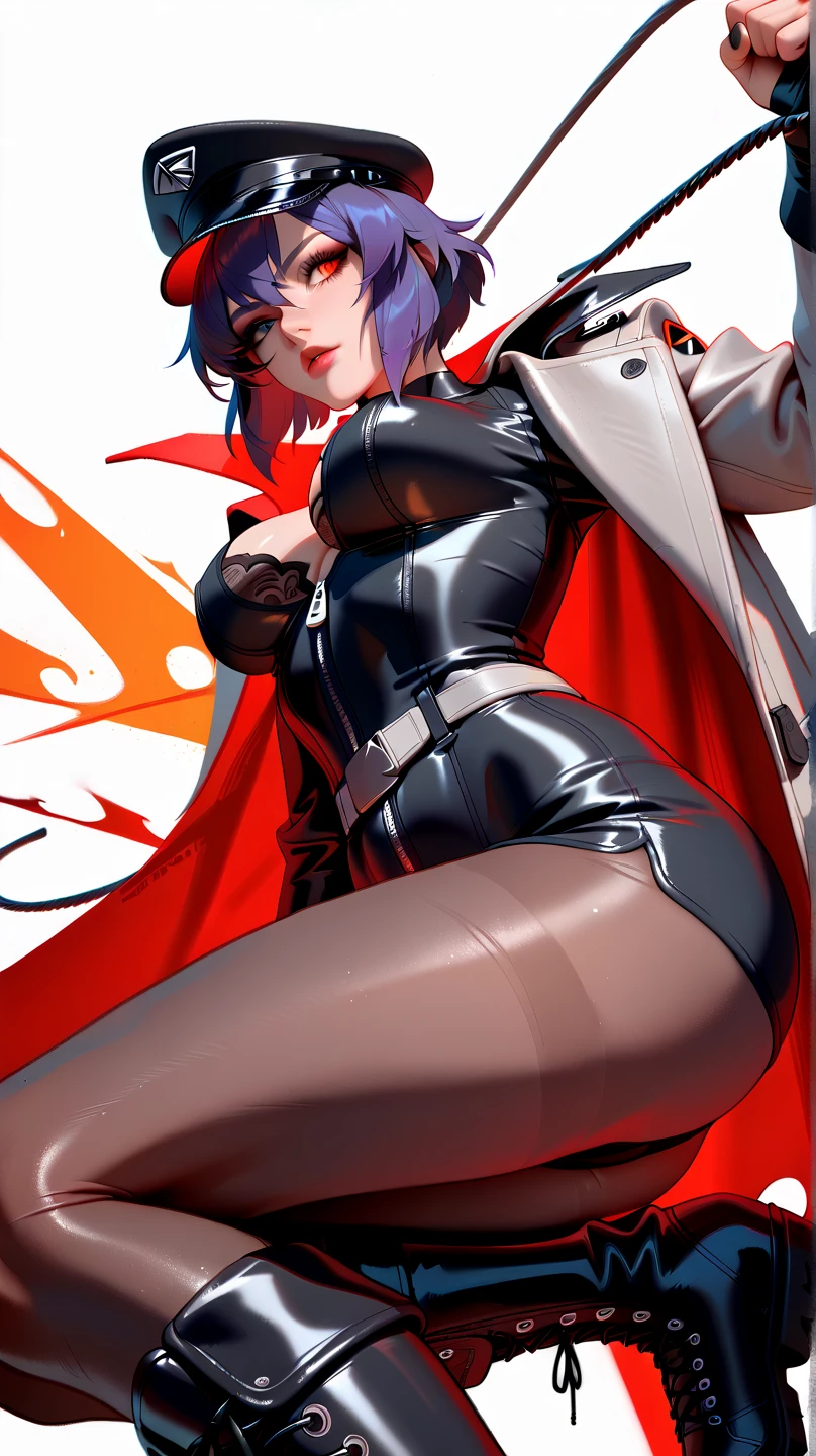 As Scarabella, Alya wore a turtlenecked brilliant red zip-up tailcoat with black polka dots. Underneath, she wore a black skin-tight superhero jumpsuit with brilliant red accents giving the appearance of elbow-length fingerless gloves, short shorts, and thigh-high boots with black spots and soles. On her face, she wore a brilliant red mask that had five black polka dots in a symmetrical design with black marks around her eyes, and on her head, she had a brilliant red bandana with black spots. Her yo-yo could be found around her hips and at the center when not in use. SPARKLE; GLITTER